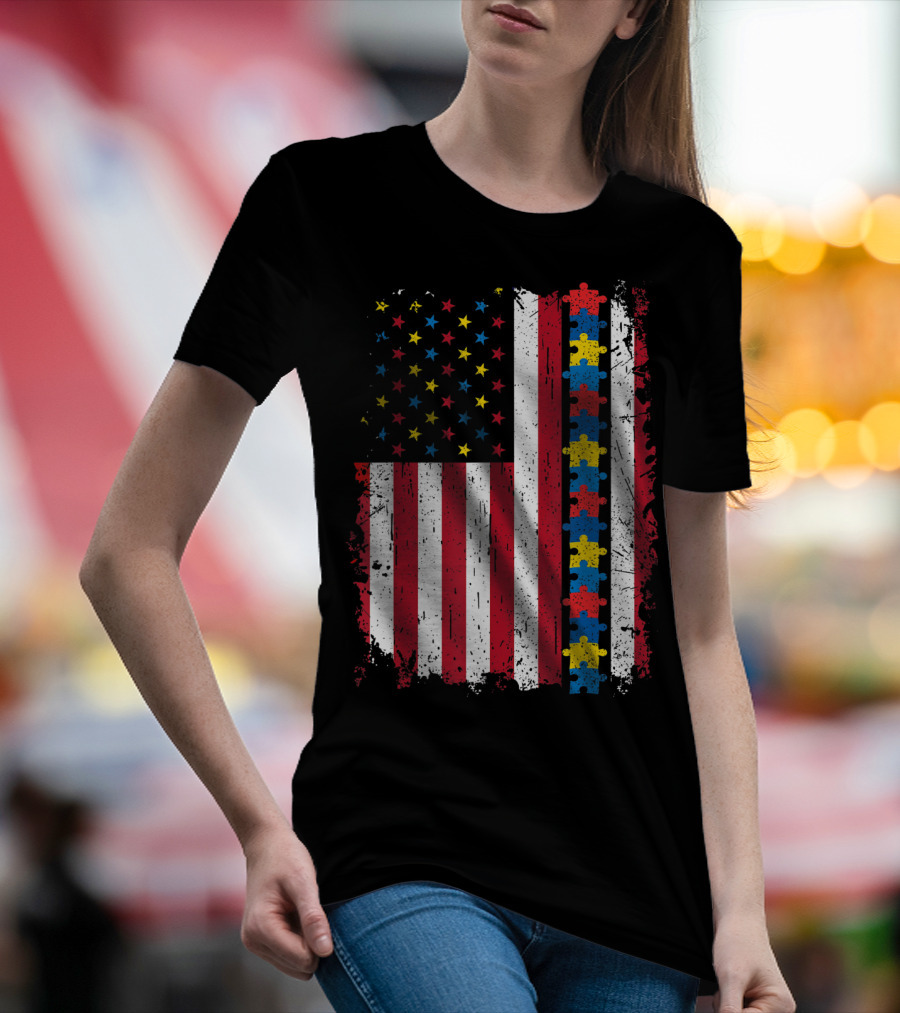 Autism Puzzle Piece 4th Of July American Flag USA Patriotic T-Shirt