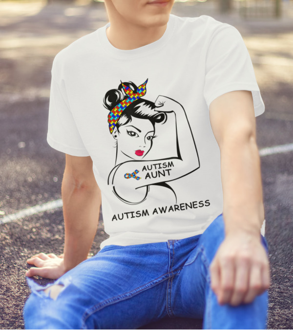 Autism Aunt Awareness Strong Puzzle Ribbon Rosie T-Shirt