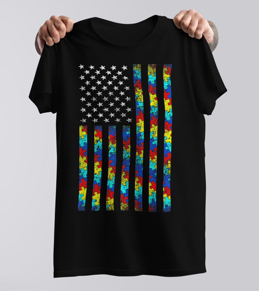 Autism Awareness Puzzle Piece American Flag T-Shirt