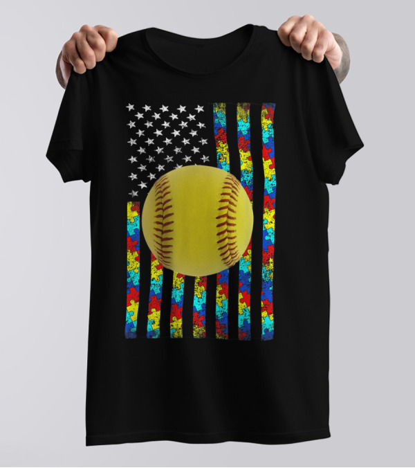 Autism Awareness American Flag Softball Puzzle Piece Stripes T-Shirt