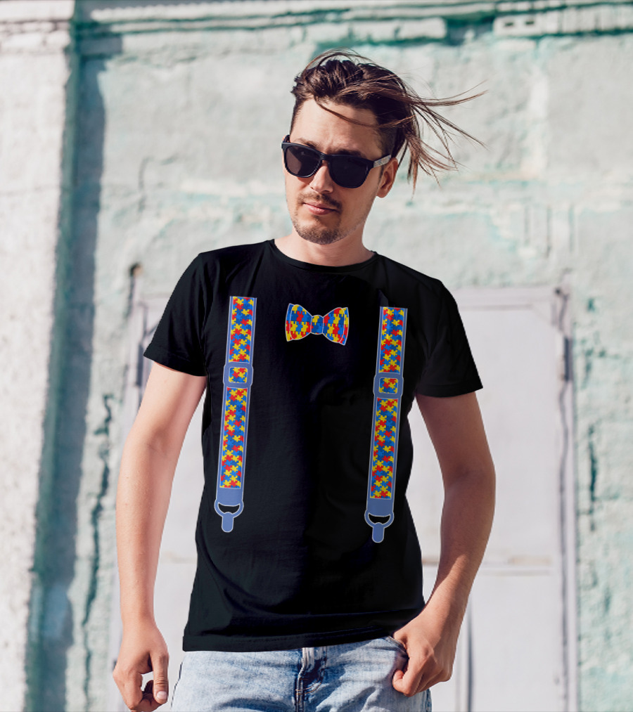 Autism Awareness Puzzle Piece Bow Tie And Suspenders T-Shirt
