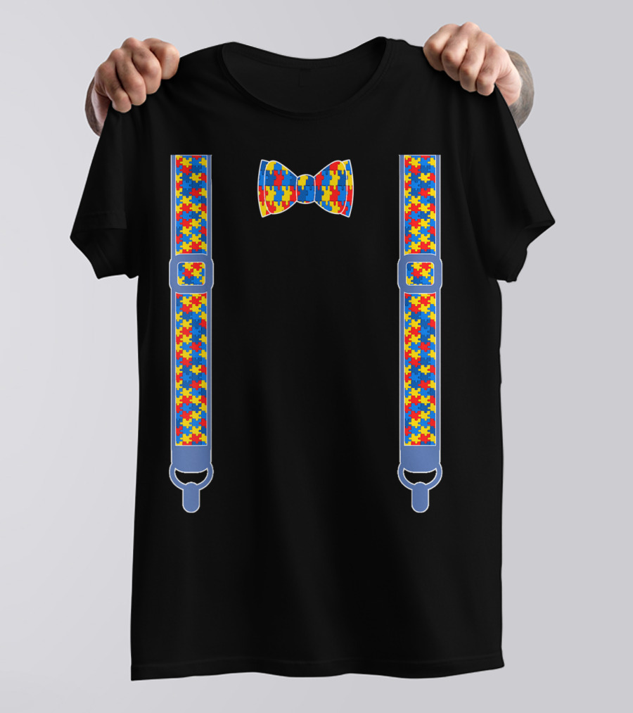 Autism Awareness Puzzle Piece Bow Tie And Suspenders T-Shirt
