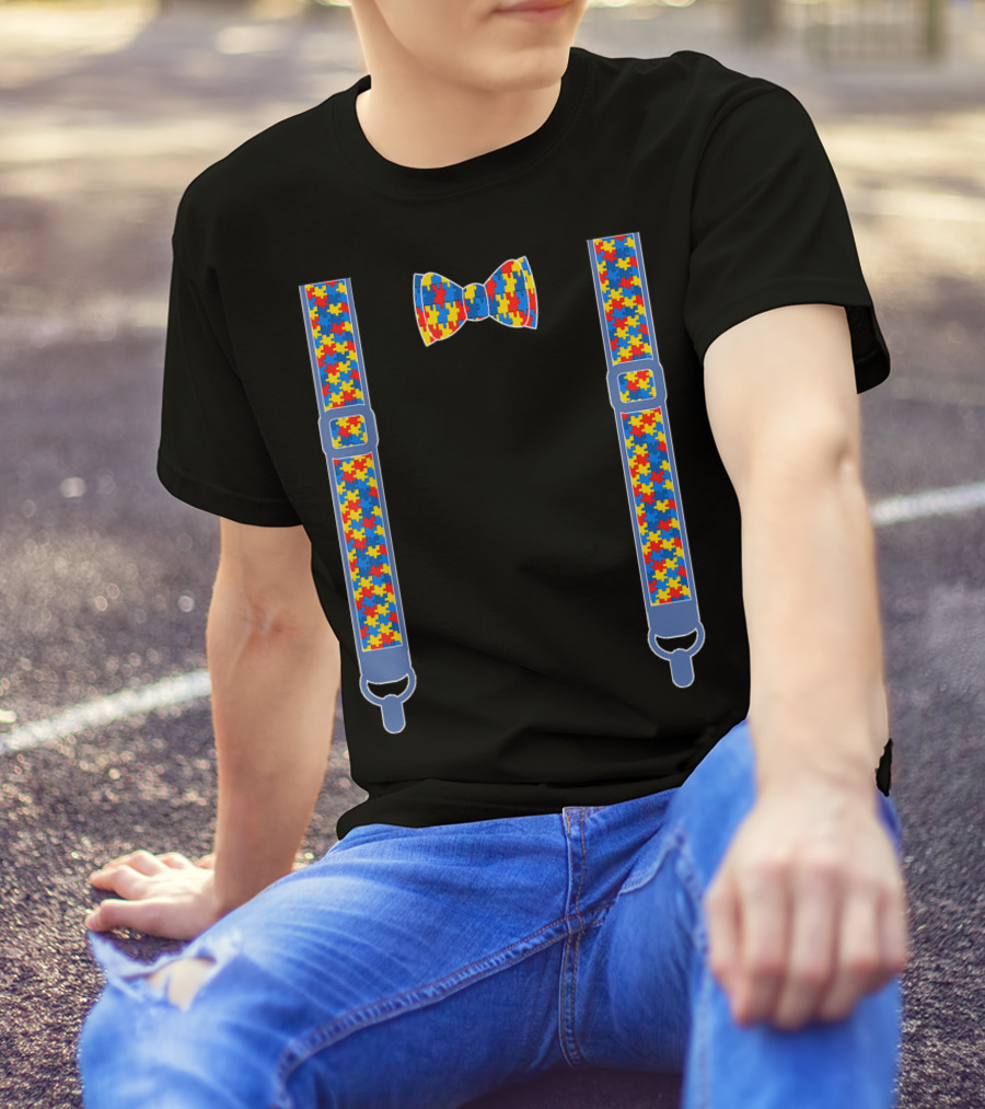 Autism Awareness Puzzle Piece Bow Tie And Suspenders T-Shirt