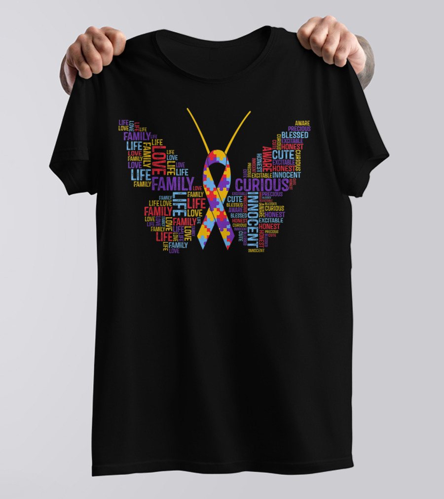Autism Awareness Butterfly Puzzle Piece Family Life Love Curious Innocent T-Shirt
