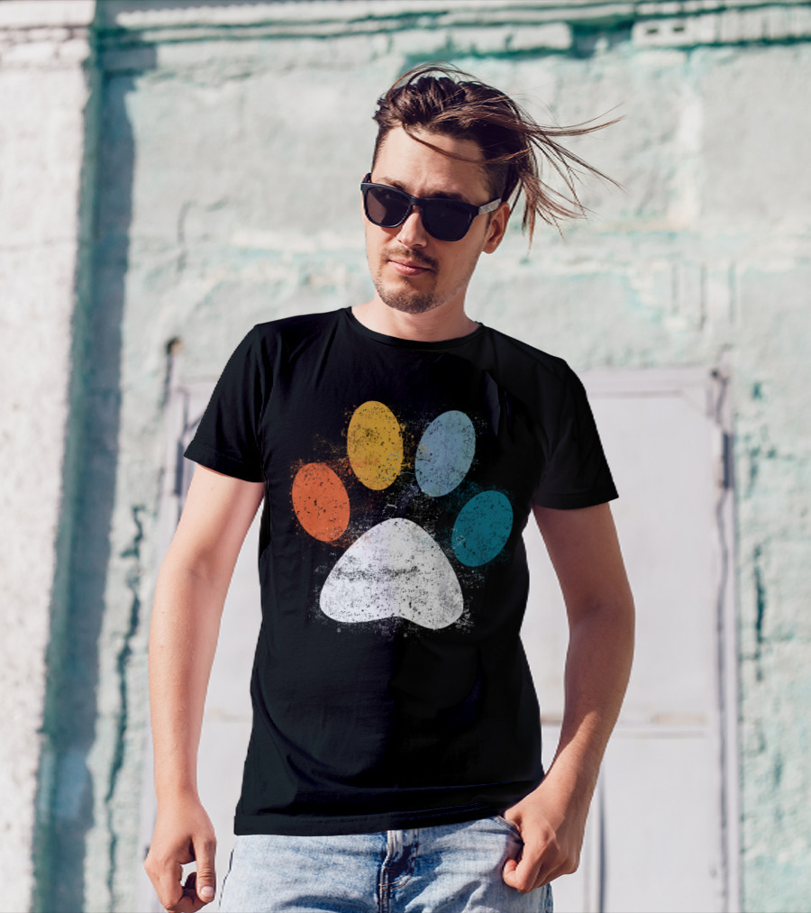 Vintage Distressed Multi-Color Dog Paw Print Love T-Shirt