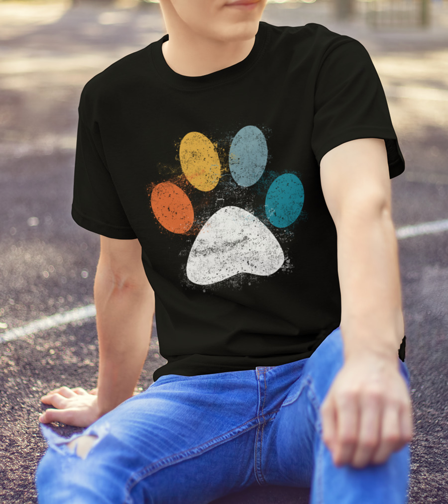 Vintage Distressed Multi-Color Dog Paw Print Love T-Shirt