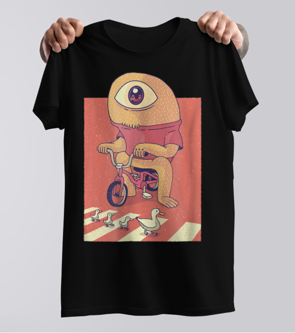 Vintage Japanese Cyclops Riding Bicycle With Ducklings Crossing T-Shirt