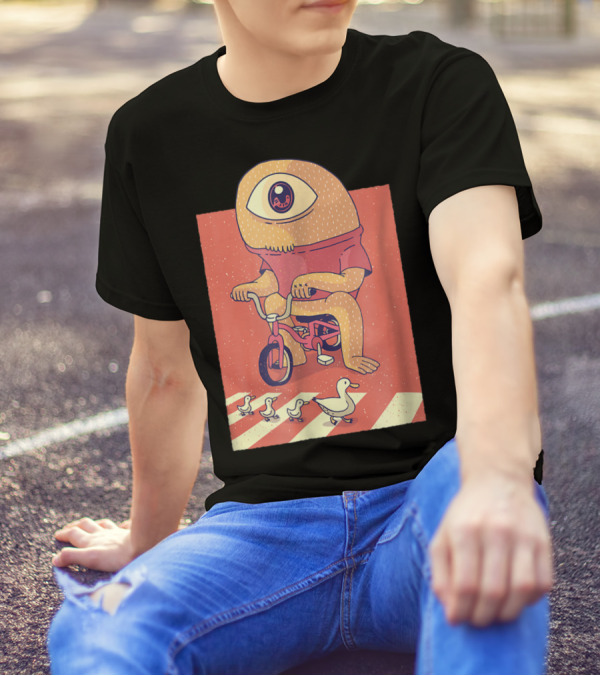 Vintage Japanese Cyclops Riding Bicycle With Ducklings Crossing T-Shirt