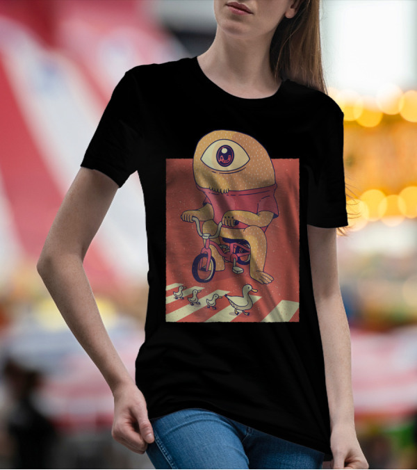 Vintage Japanese Cyclops Riding Bicycle With Ducklings Crossing T-Shirt