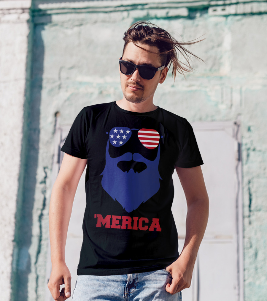'Merica Beard USA Flag Glasses 4th Of July T-Shirt