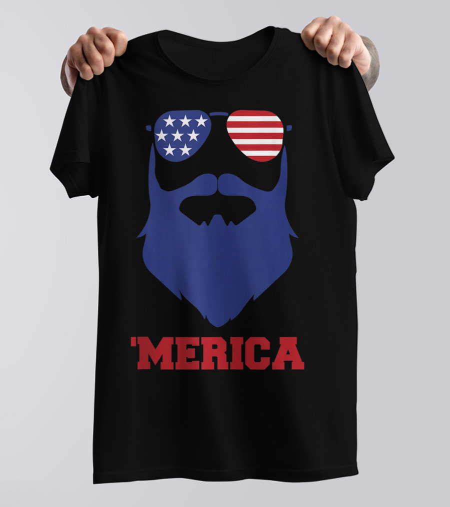 'Merica Beard USA Flag Glasses 4th Of July T-Shirt