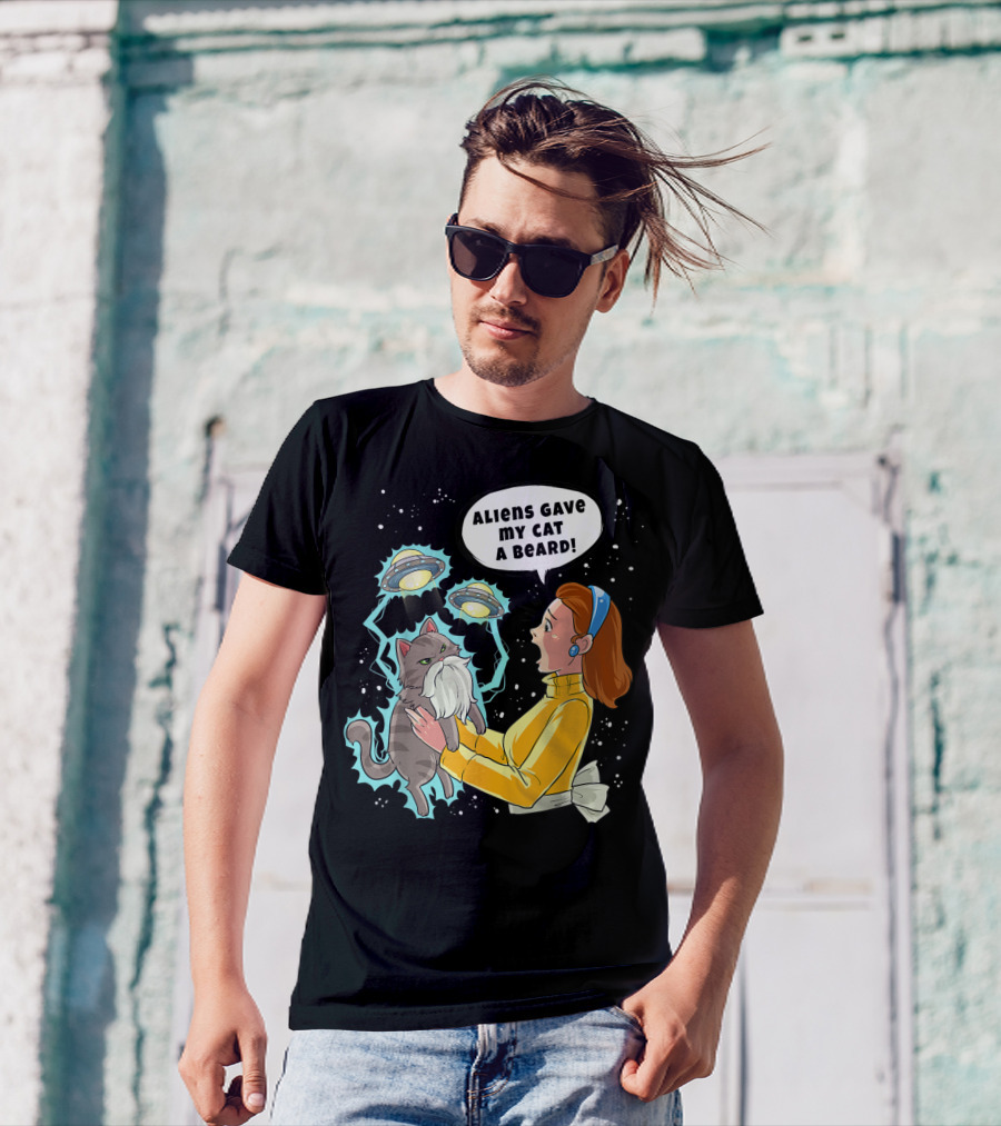 Aliens Gave My Cat A Beard UFO Encounter With Surprised Woman In Space T-Shirt
