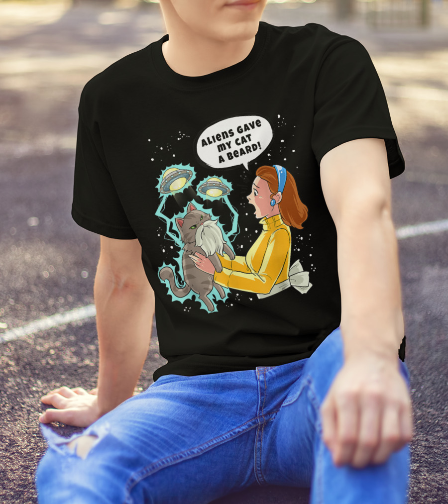 Aliens Gave My Cat A Beard UFO Encounter With Surprised Woman In Space T-Shirt