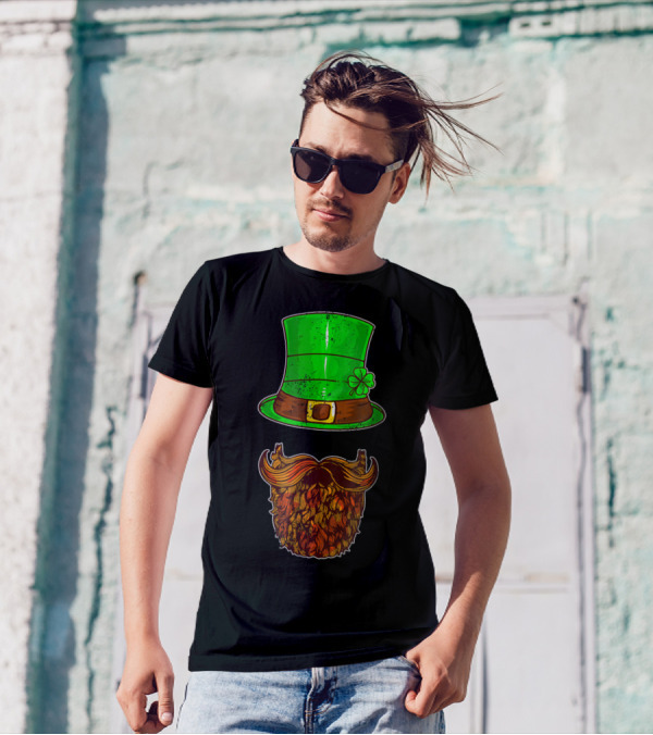 Awesomely Festive St Patrick's Day Green Irish Hat With Shamrock And Orange Beard T-Shirt