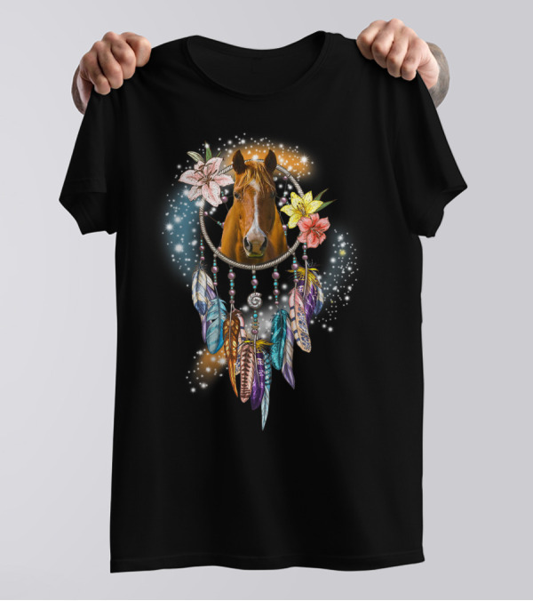 Horse Dreamcatcher Floral Feathers Sparkle T-Shirt