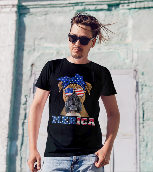 Merica Boxer Dog USA Flag Bandana Sunglasses 4th Of July Independence Day T-Shirt