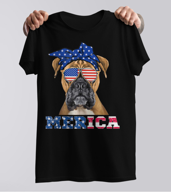 Merica Boxer Dog USA Flag Bandana Sunglasses 4th Of July Independence Day T-Shirt