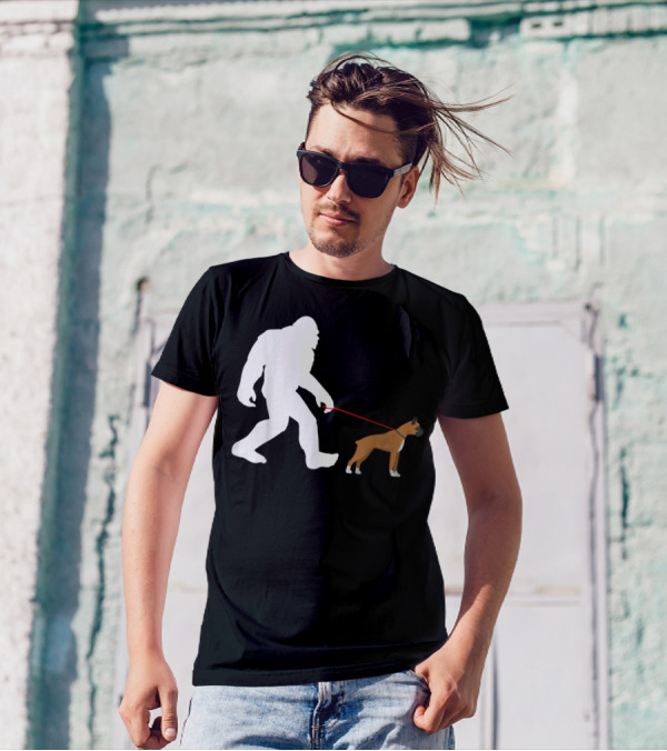 Bigfoot Sasquatch Walking Boxer Dog Novelty T-Shirt