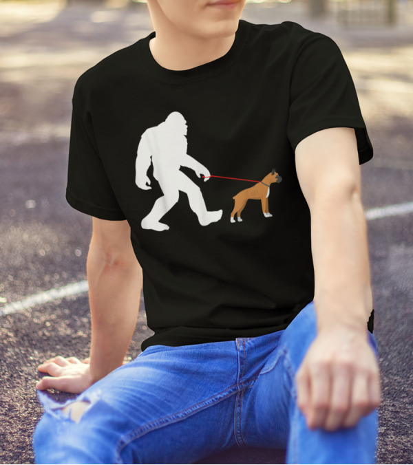 Bigfoot Sasquatch Walking Boxer Dog Novelty T-Shirt