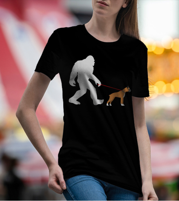 Bigfoot Sasquatch Walking Boxer Dog Novelty T-Shirt