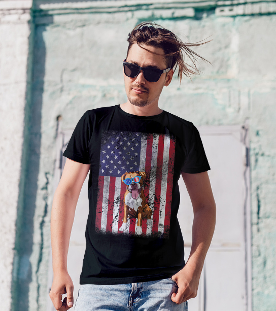 American Flag Boxer Dog With 4th Of July Sunglasses T-Shirt