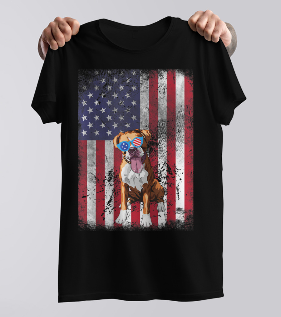 American Flag Boxer Dog With 4th Of July Sunglasses T-Shirt