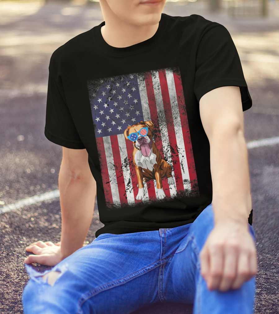 American Flag Boxer Dog With 4th Of July Sunglasses T-Shirt