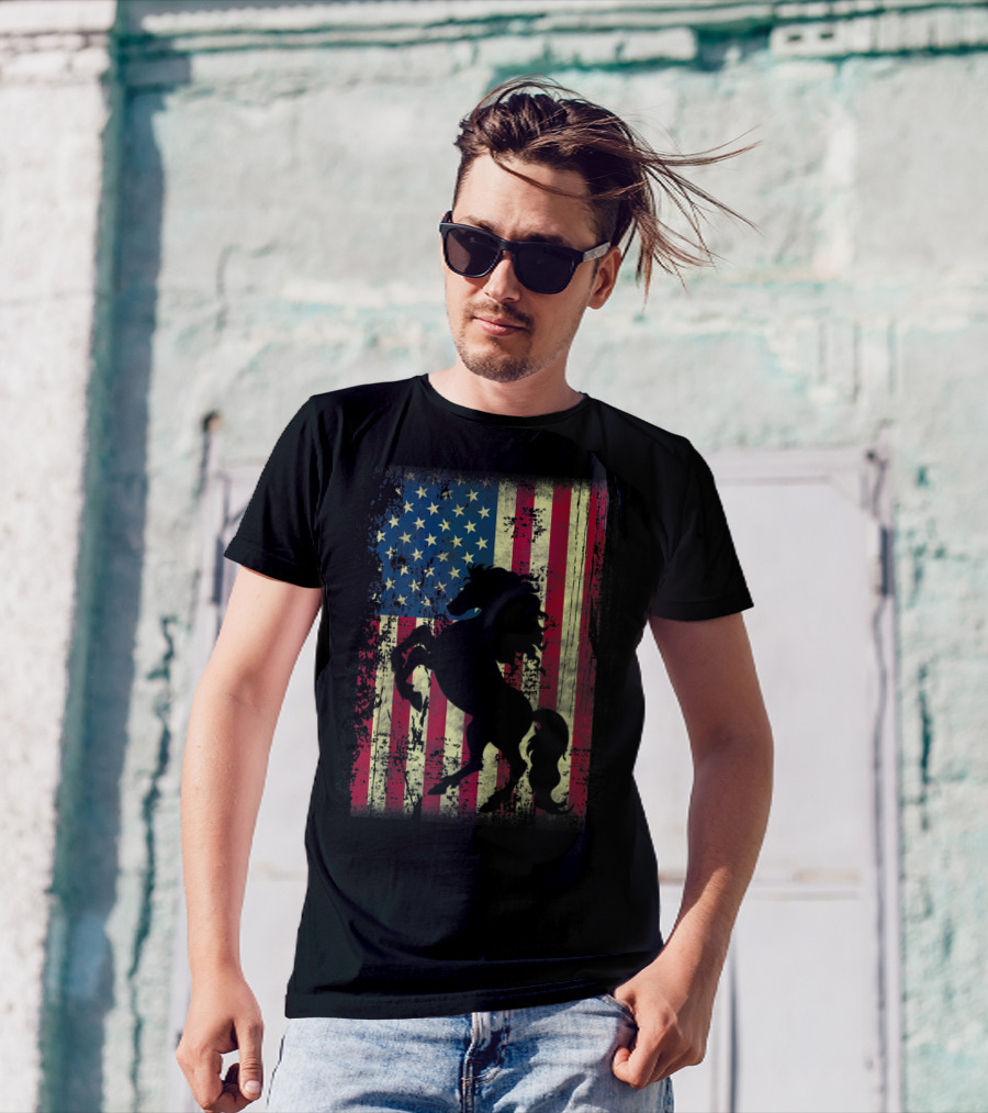 USA Patriotic Horse And American Flag T-Shirt