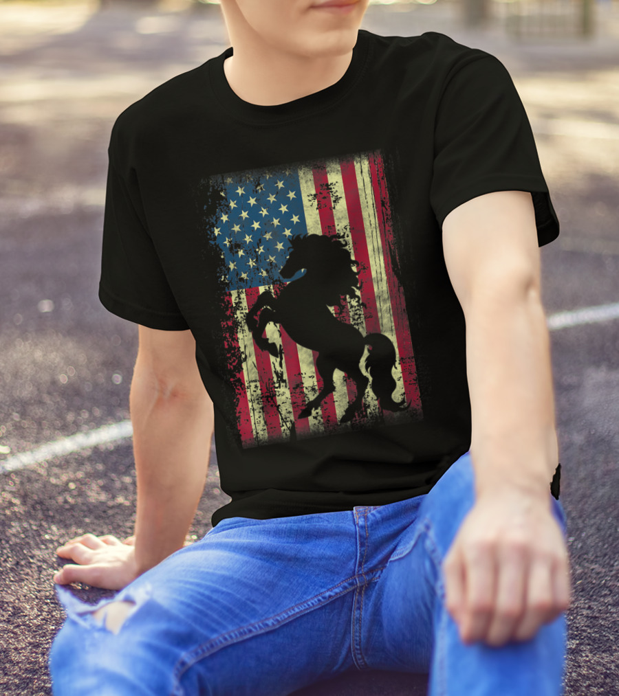 USA Patriotic Horse And American Flag T-Shirt