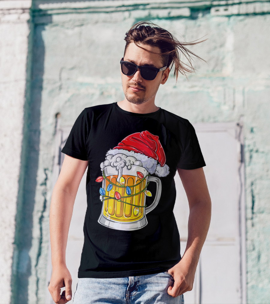 Beer Santa Hat Christmas Lights Holiday Cheer T-Shirt