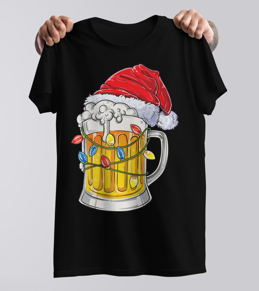 Beer Santa Hat Christmas Lights Holiday Cheer T-Shirt