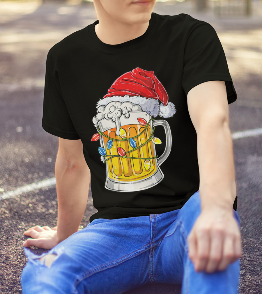 Beer Santa Hat Christmas Lights Holiday Cheer T-Shirt