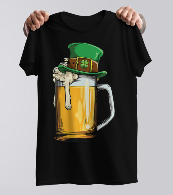 Leprechaun Hat Overflowing Beer Mug With Shamrock Foam T-Shirt