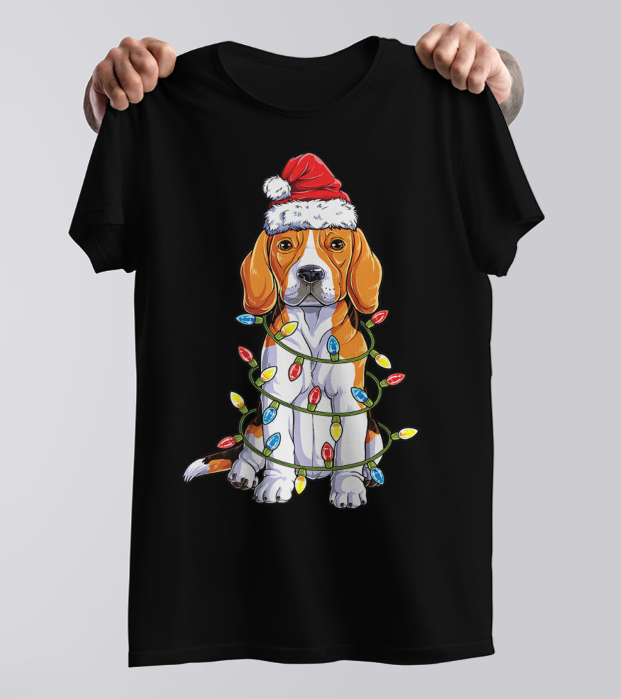 Beagle Santa Hat Wrapped In Christmas Tree Lights T-Shirt