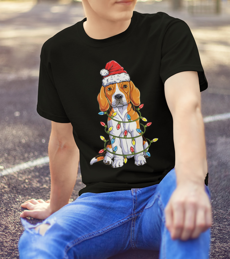 Beagle Santa Hat Wrapped In Christmas Tree Lights T-Shirt