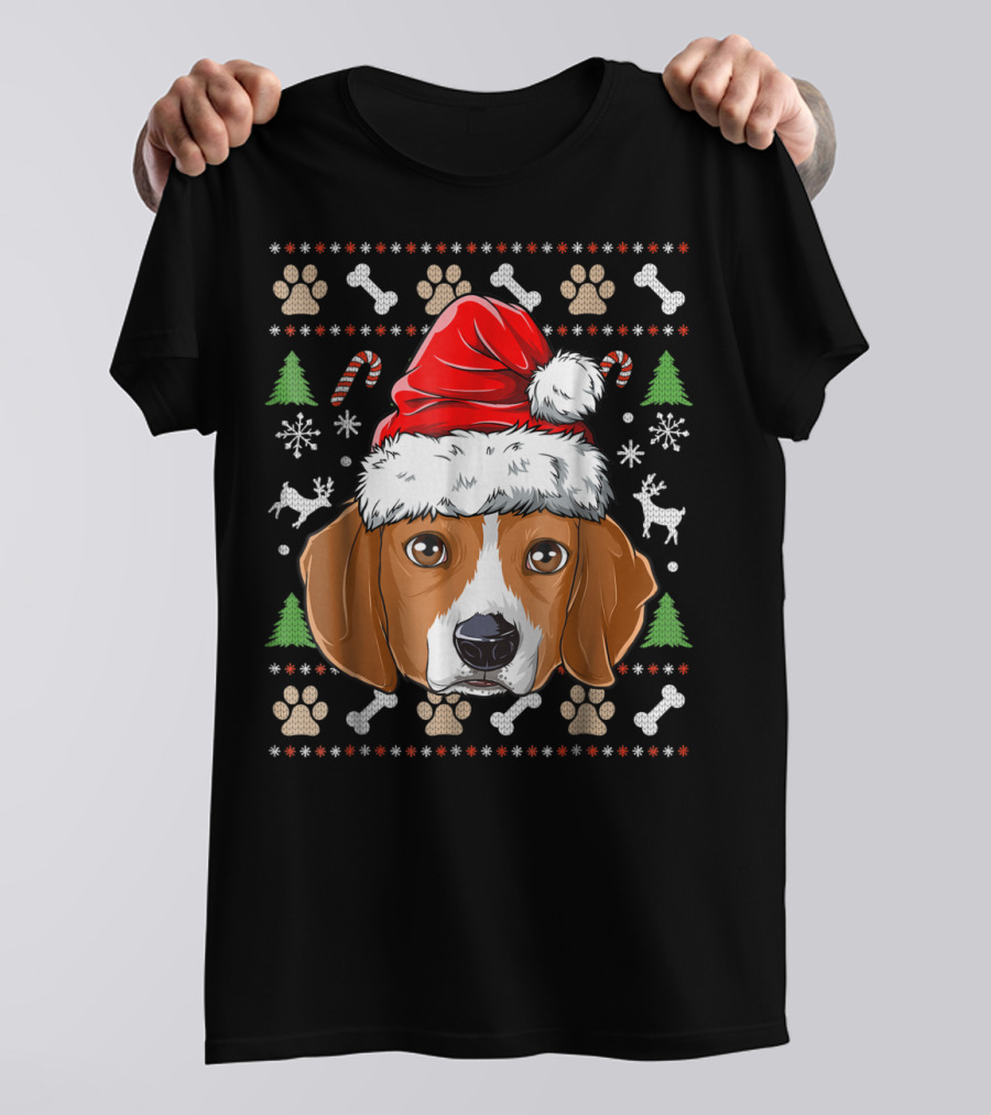 Beagle Christmas Santa Hat Festive Dog Paw Bone T-Shirt