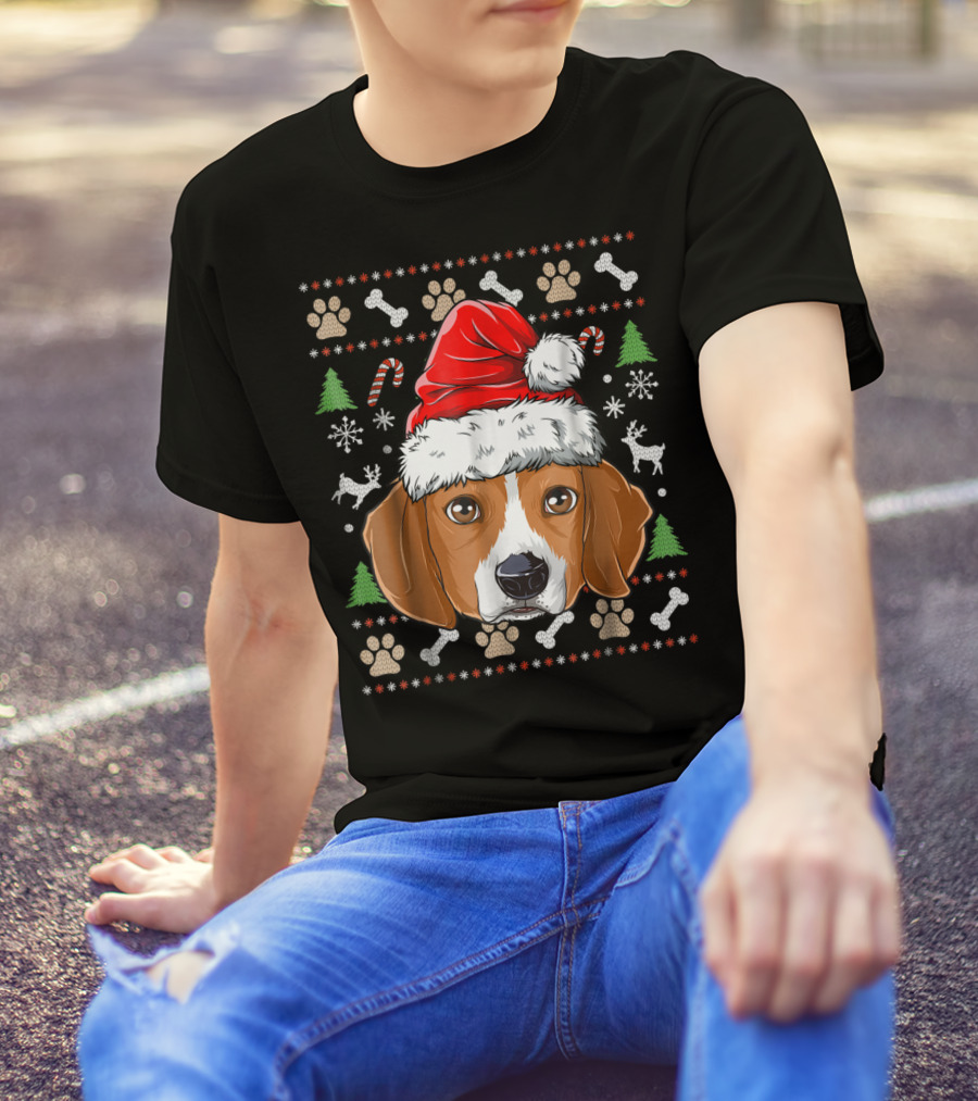 Beagle Christmas Santa Hat Festive Dog Paw Bone T-Shirt
