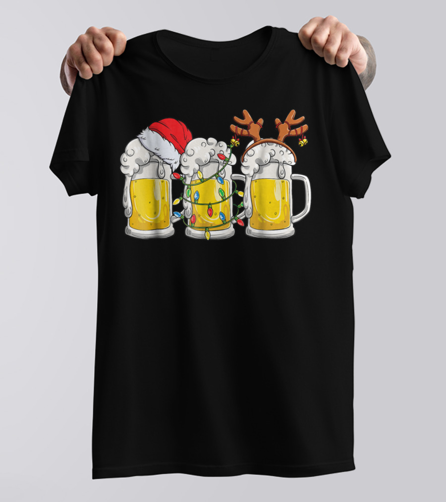 Santa Beer Mug Reindeer Xmas Lights Festive Reinbeer T-Shirt