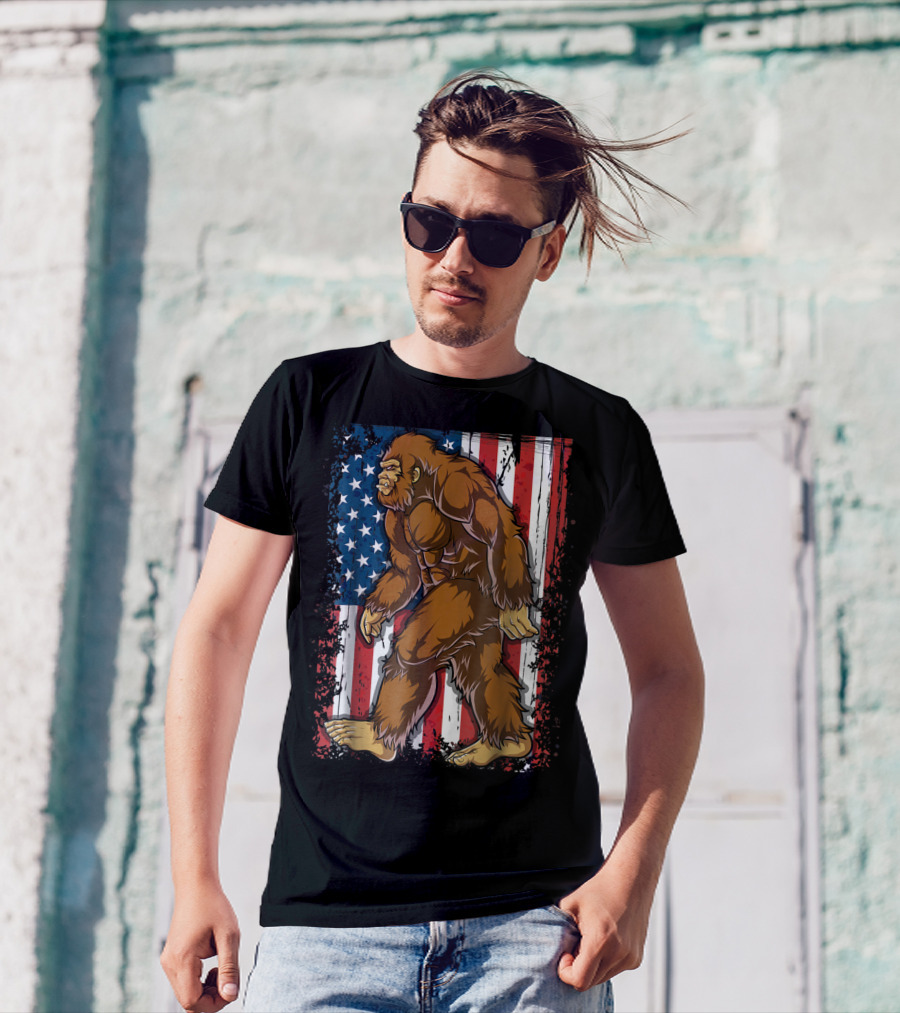 Bigfoot Walking Across American Flag For 4th Of July T-Shirt
