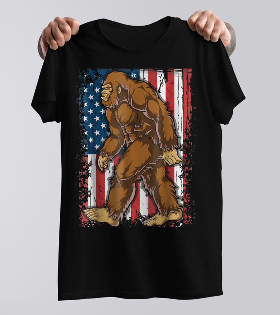 Bigfoot Walking Across American Flag For 4th Of July T-Shirt