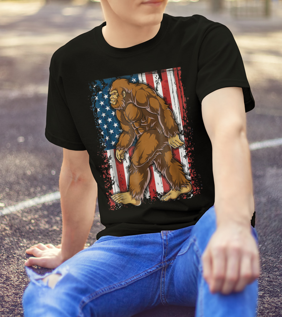 Bigfoot Walking Across American Flag For 4th Of July T-Shirt