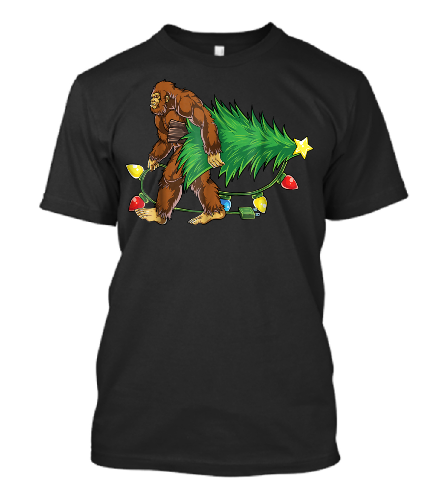 Bigfoot Sasquatch With Christmas Tree And Lights T-Shirt