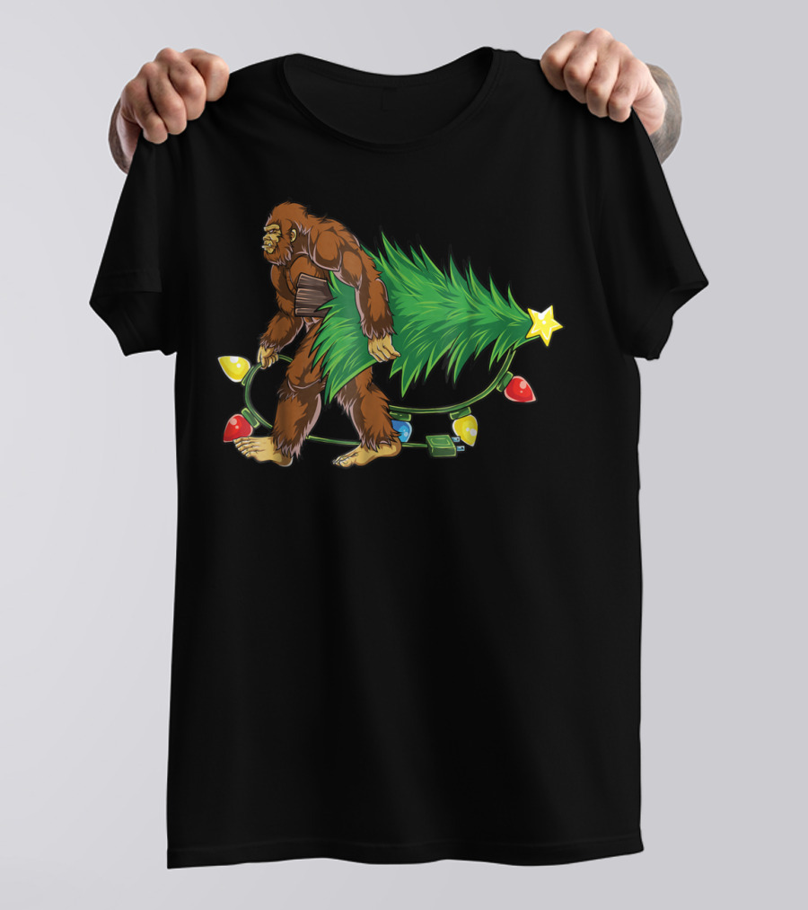 Bigfoot Sasquatch With Christmas Tree And Lights T-Shirt