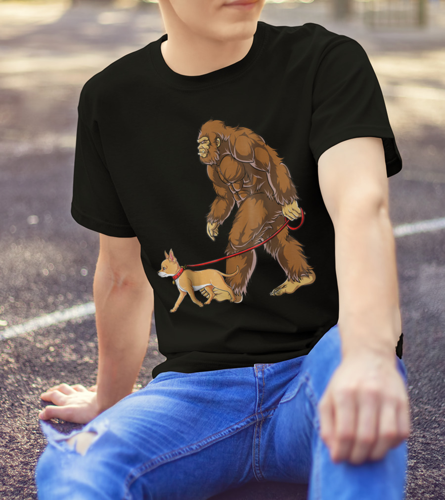Bigfoot Sasquatch Walking Chihuahua Dog Sighted T-Shirt