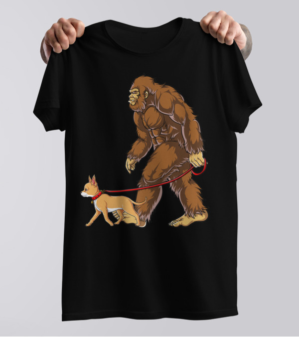 Bigfoot Walking Chihuahua Sasquatch Graphic For Kids And Men T-Shirt