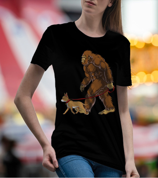 Bigfoot Walking Chihuahua Sasquatch Graphic For Kids And Men T-Shirt