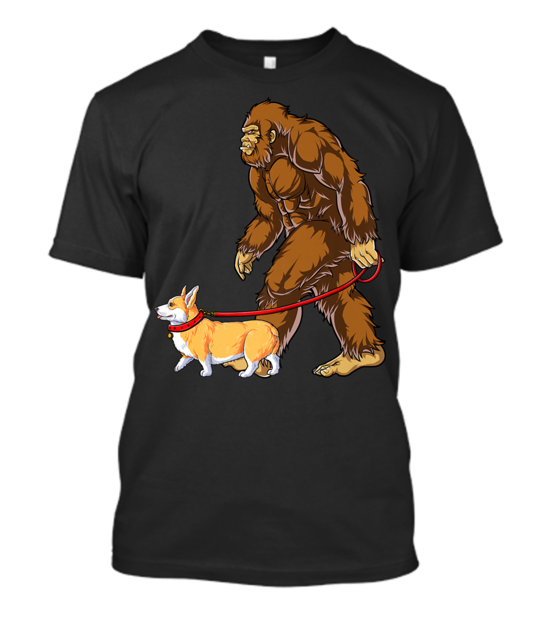 Bigfoot Walking Corgi Sasquatch Dog Walk T-Shirt