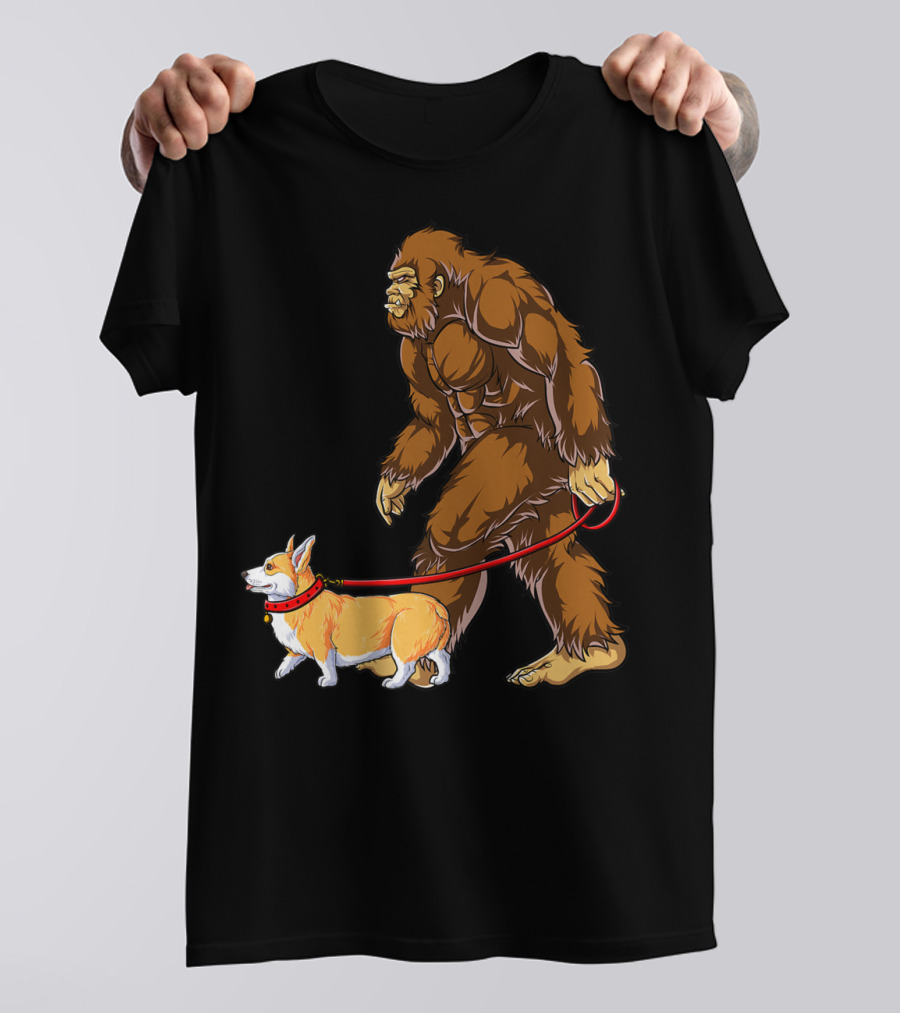 Bigfoot Walking Corgi Sasquatch Dog Walk T-Shirt