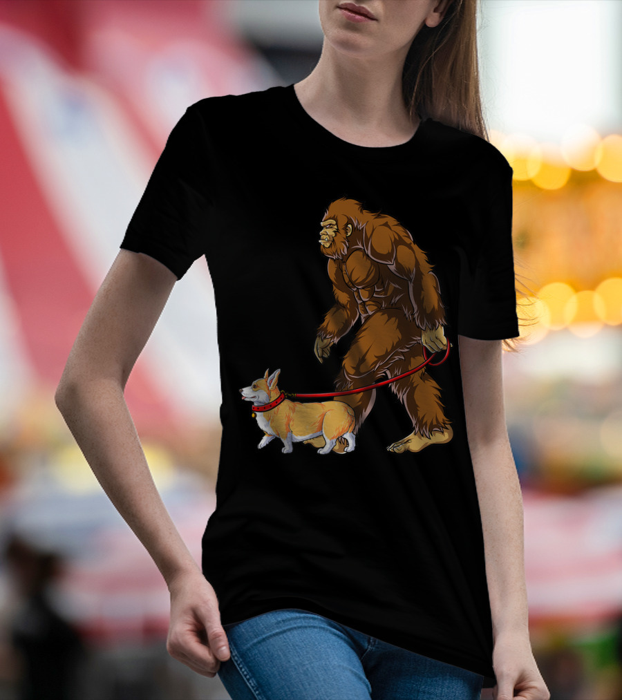 Bigfoot Walking Corgi Sasquatch Dog Walk T-Shirt