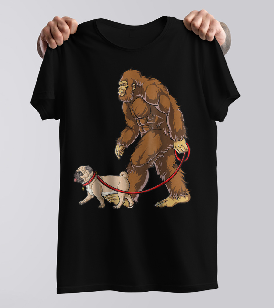 Bigfoot Walking Pug Sasquatch Dog Leash Scene T-Shirt